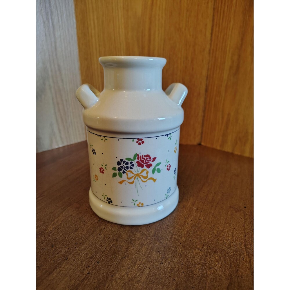 Vintage Ceramic Milk Jug Floral Design 6-in Tall Flower Utensil Holder